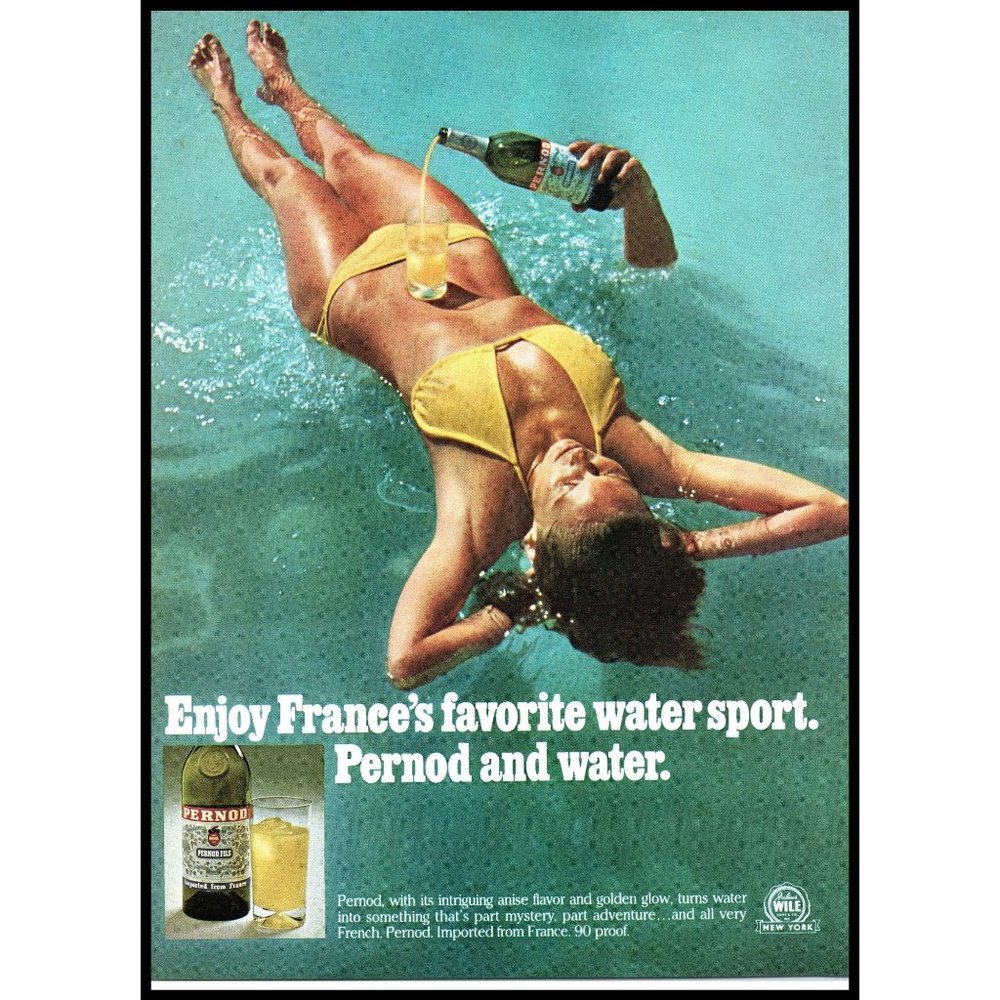 1976 Pernod Anise Liqueur Vintage Print Ad Brunette Yellow Bikini Pool Wall Art